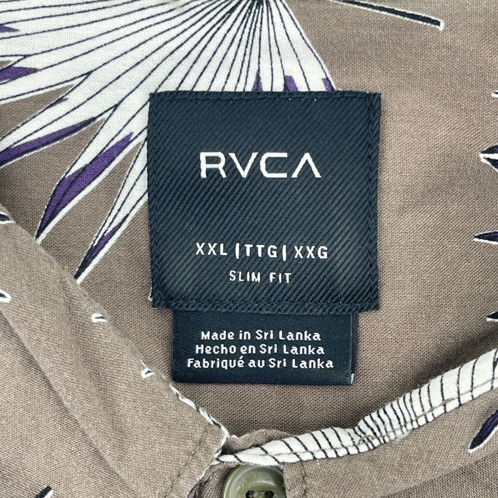 RVCA Mens XXL Slim Fit Short Sleeve Button Up Shirt Tropical Leaf Print Brown - Picture 3 of 11